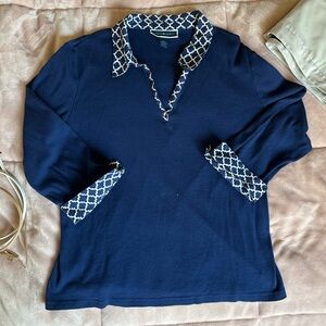 Karen Scott Navy Shirt with Geometric Trim